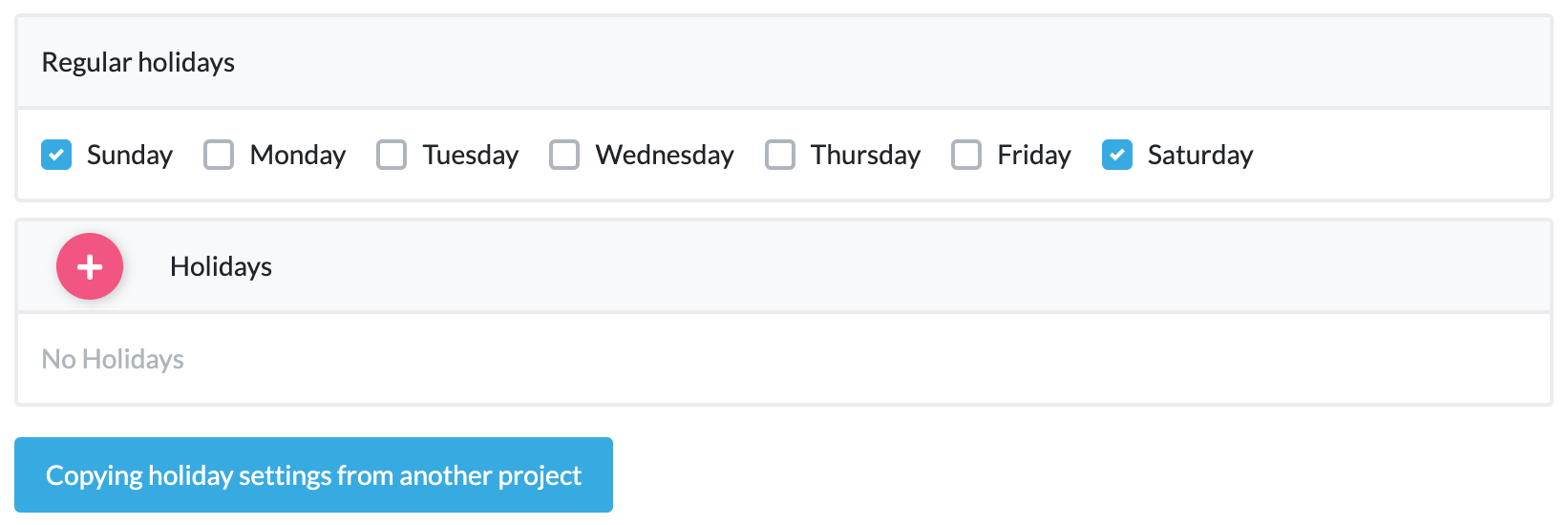 Project Holiday Settings
